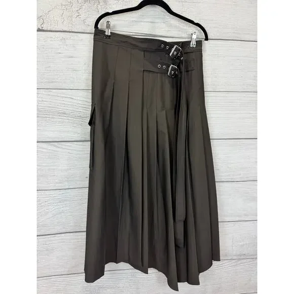 Zara Women's Brown Pleated Asymmetrical Buckle Midi Wrap Skirt Size Medium - Picture 5 of 10